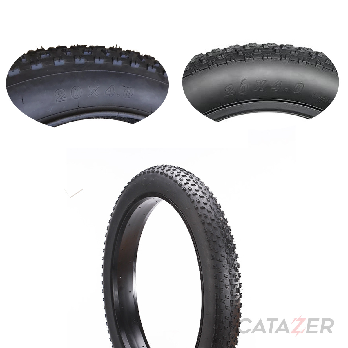 CATAZER 20x4.0 fat tire showing aggressive tread pattern for snow and sand