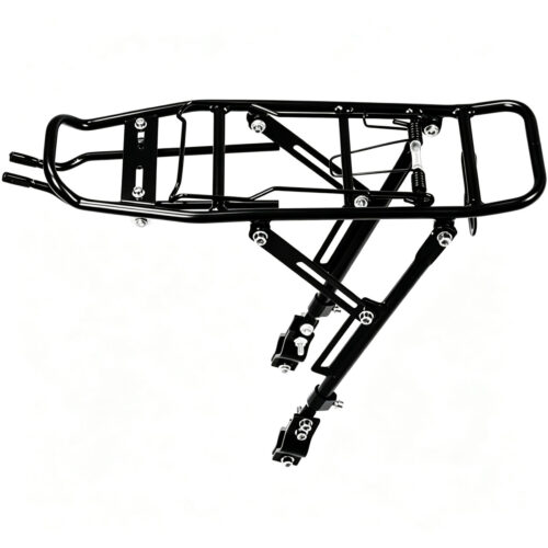 Adjustable height legs on alloy bicycle rear rack for disc brake clearance