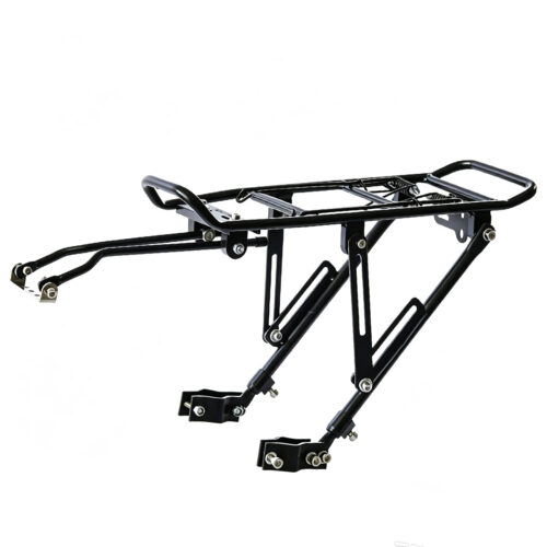 alloy bicycle rear rack in matte black finish mounted on mountain bike