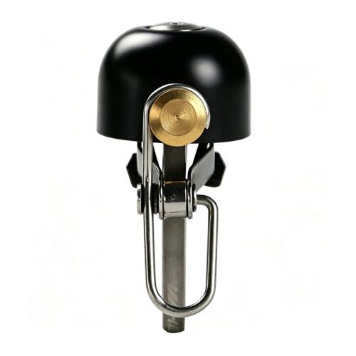 classic brass bicycle bell mounted on mountain bike handlebar black