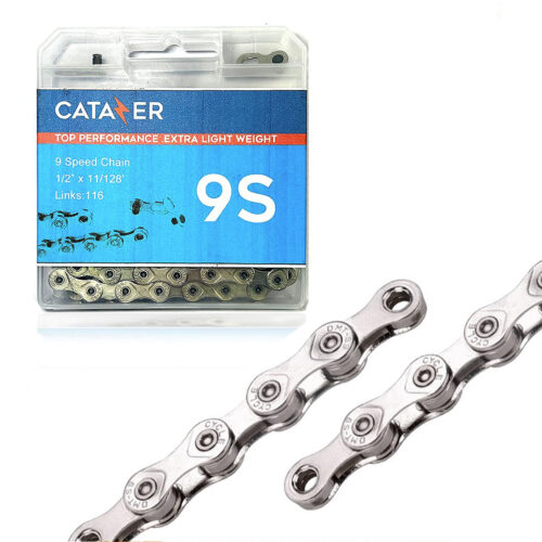 hollow steel bike chain wrapped around a multi speed rear cassette